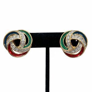 Vintage BUTLER Rhinestone Pave and Enamel Knot Gold Tone Clip on Earrings